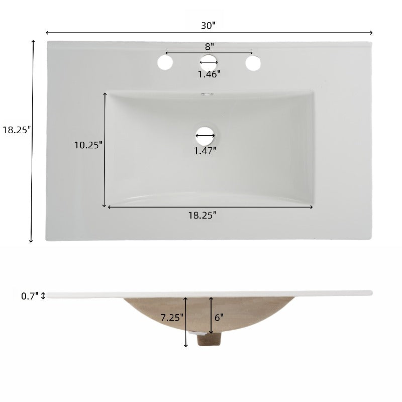 30-Inch Bathroom Cabinet Featuring a Ceramic Basin, Designed with Vertical Handles And Fully Extending Drawers, a Standalone Unit with Soft-Closing Drawer Mechanisms, Fluted Style, in a Dark Brown End
