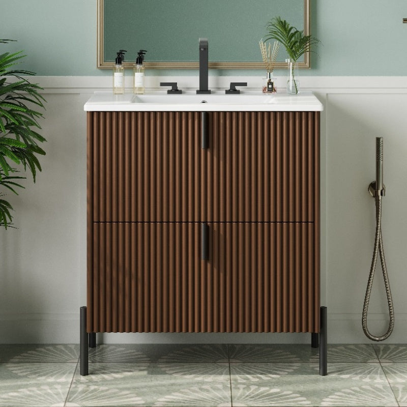 30-Inch Bathroom Cabinet Featuring a Ceramic Basin, Designed with Vertical Handles And Fully Extending Drawers, a Standalone Unit with Soft-Closing Drawer Mechanisms, Fluted Style, in a Dark Brown End
