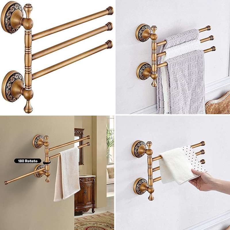 3-Arm Swivel Towel Bar with 360° Rotating Arms - Heavy-Duty Stainless Steel Bathroom Towel Rack, Space-Saving Modern Design with Walnut Finish & Brass Holders, Curved Arms for Ample Towel Storage, Ideal for Bath, Shower, or Powder Room - Easy Instal