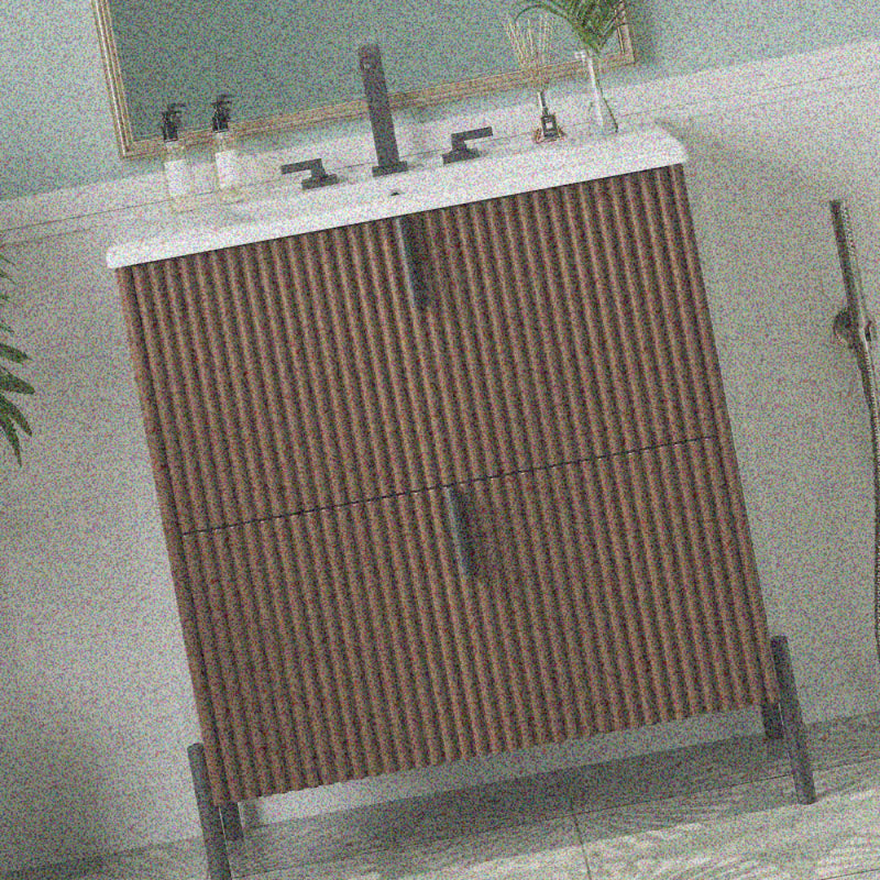 30-Inch Bathroom Cabinet Featuring a Ceramic Basin, Designed with Vertical Handles And Fully Extending Drawers, a Standalone Unit with Soft-Closing Drawer Mechanisms, Fluted Style, in a Dark Brown End