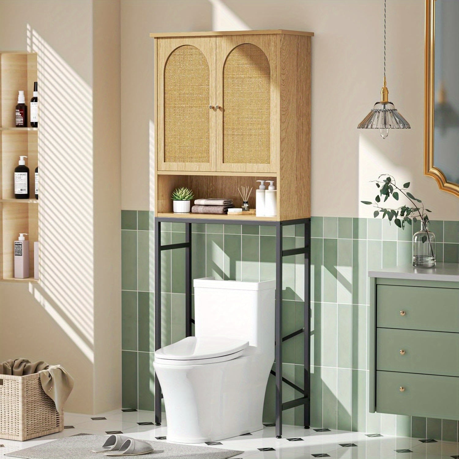 Toilet Storage Cabinet | Over The Toilet Space Saving Organizer with Adjustable Shelf, Sturdy Metal Frame, Wooden Design, Bathroom Cupboard for Small Spaces Holds Towels, Washer, Toiletries, Green, Rustic Style, Lockable, Floor Mount