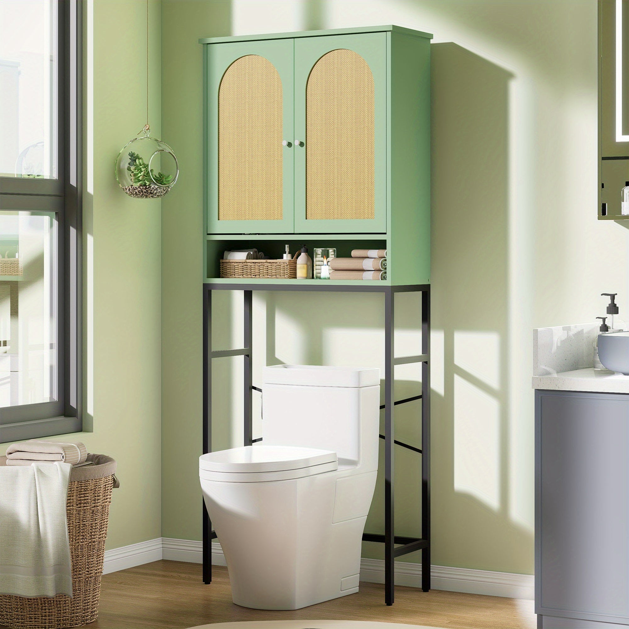 Toilet Storage Cabinet | Over The Toilet Space Saving Organizer with Adjustable Shelf, Sturdy Metal Frame, Wooden Design, Bathroom Cupboard for Small Spaces Holds Towels, Washer, Toiletries, Green, Rustic Style, Lockable, Floor Mount