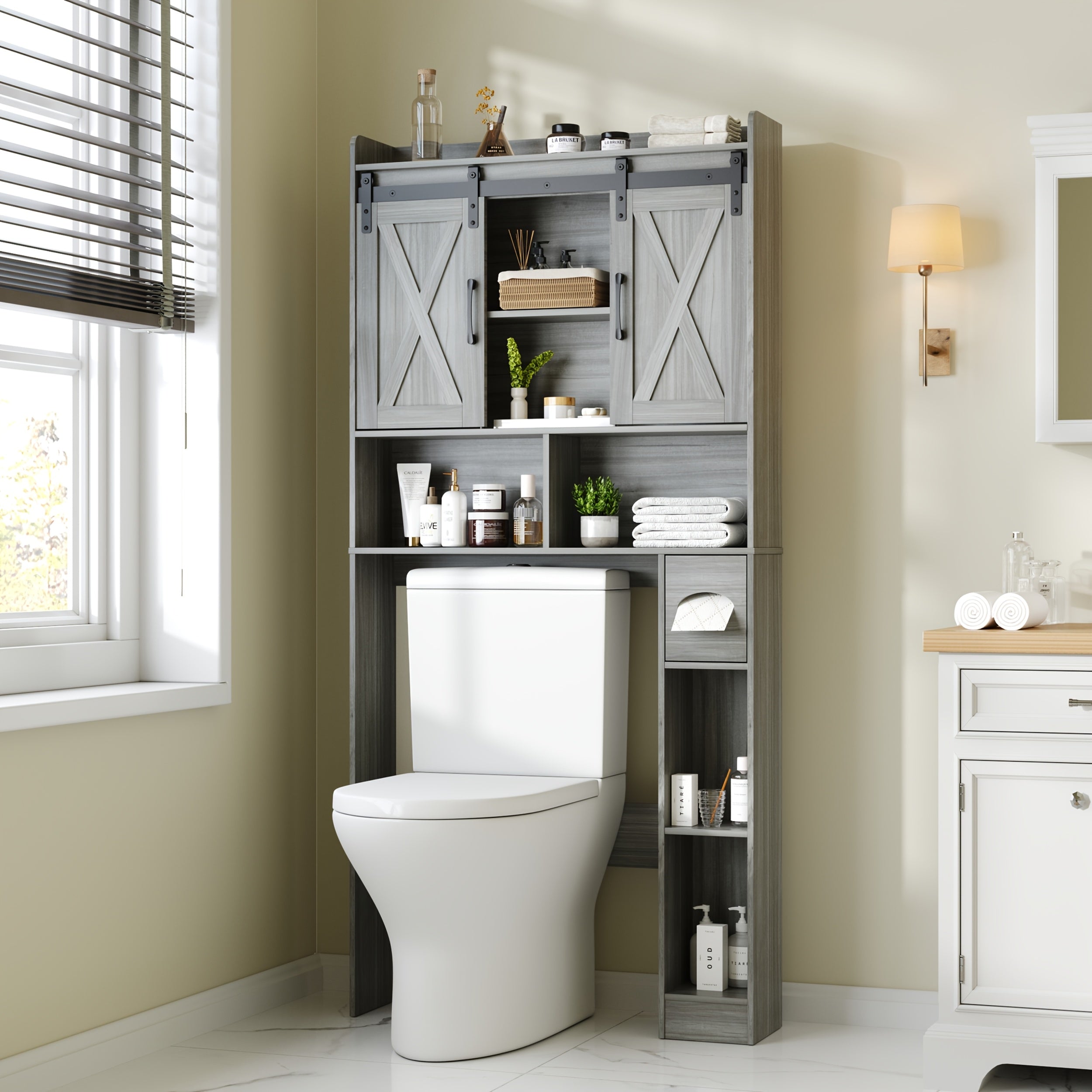 Farmhouse Storage Cabinet Over Toilet with Sliding Doors | Space-Saving Design, Brown Particle Board, Floor Mount, for Bathroom, Restroom, Laundry - BEFRASES