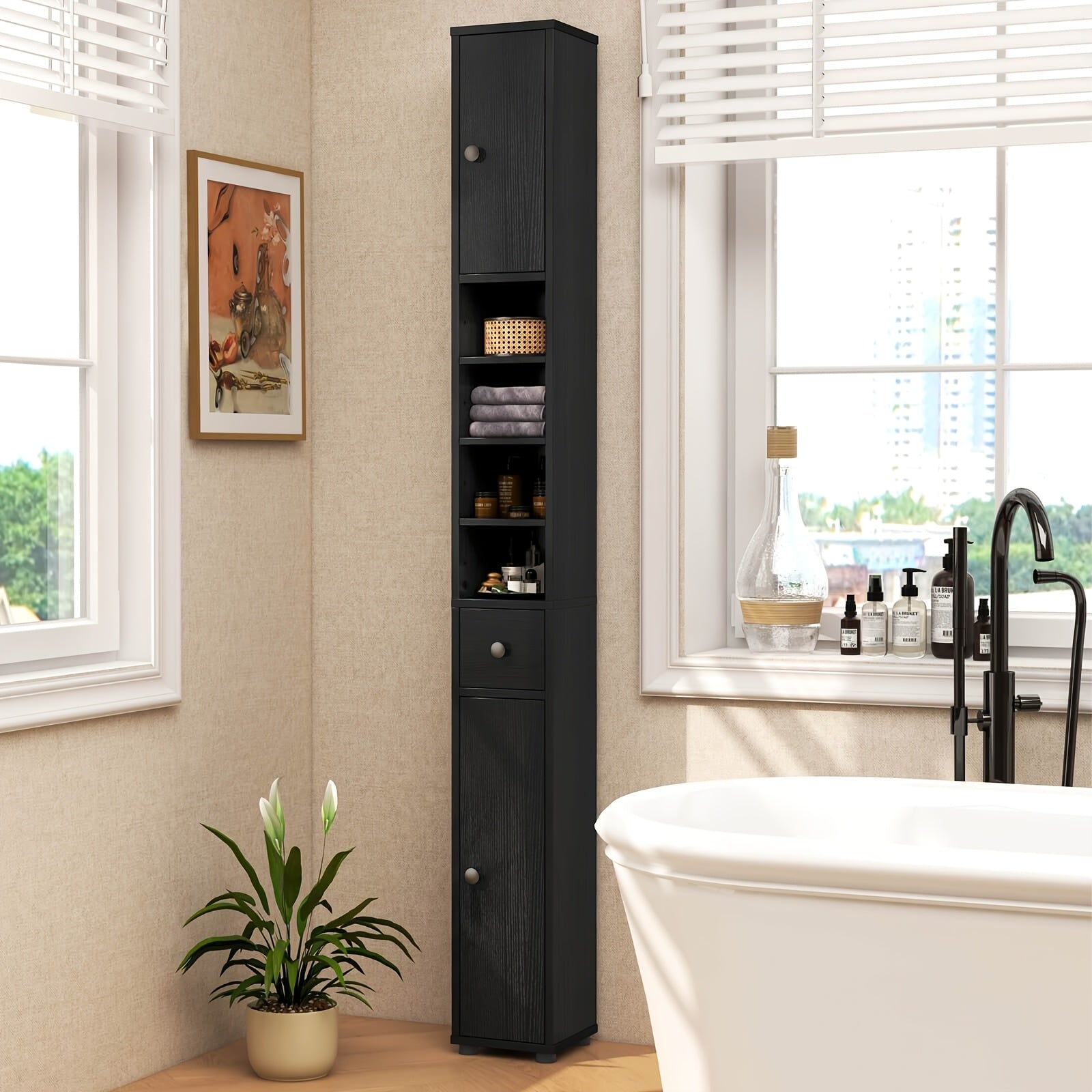 PETSITE Slim Bathroom Tall Cabinet, Freestanding Floor Storage Organizer with 2 Doors, 1 Drawer & 5 Adjustable Shelves, Narrow Linen Tower for Small Spaces, Wood Fiber Board Material, Bathroom Organizers And Storage