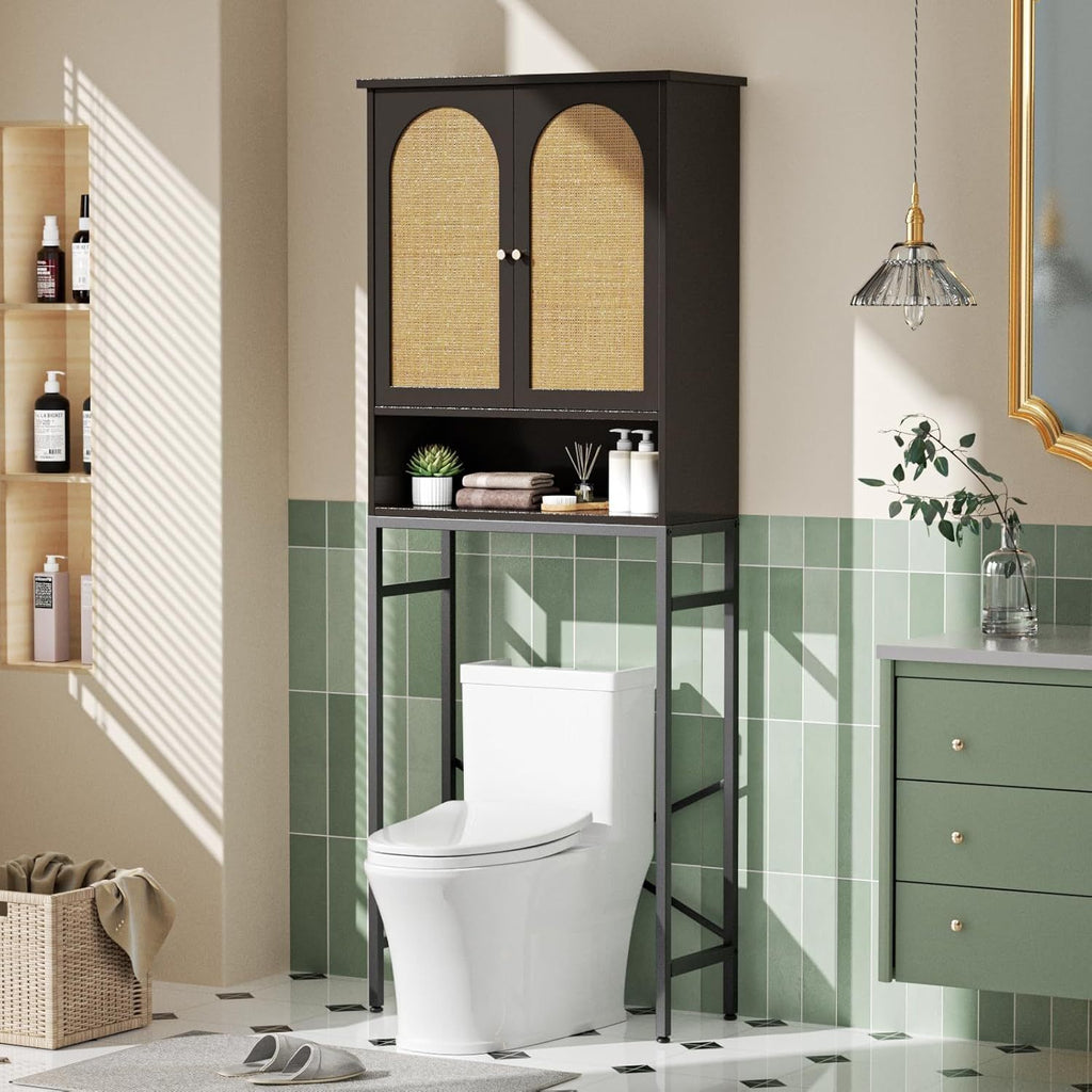 Toilet Storage Cabinet | Over The Toilet Space Saving Organizer with Adjustable Shelf, Sturdy Metal Frame, Wooden Design, Bathroom Cupboard for Small Spaces Holds Towels, Washer, Toiletries, Green, Rustic Style, Lockable, Floor Mount