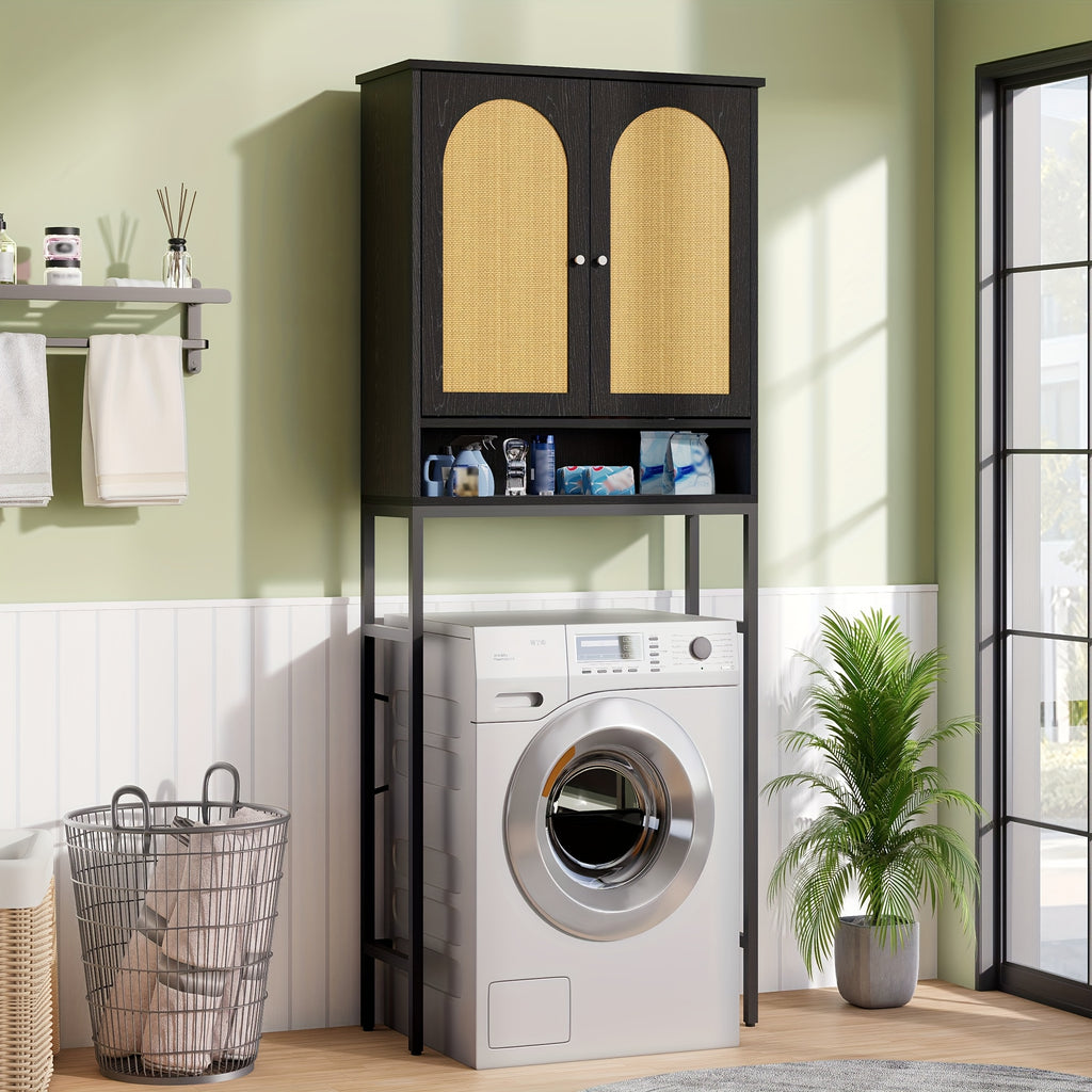 Toilet Storage Cabinet | Over The Toilet Space Saving Organizer with Adjustable Shelf, Sturdy Metal Frame, Wooden Design, Bathroom Cupboard for Small Spaces Holds Towels, Washer, Toiletries, Green, Rustic Style, Lockable, Floor Mount