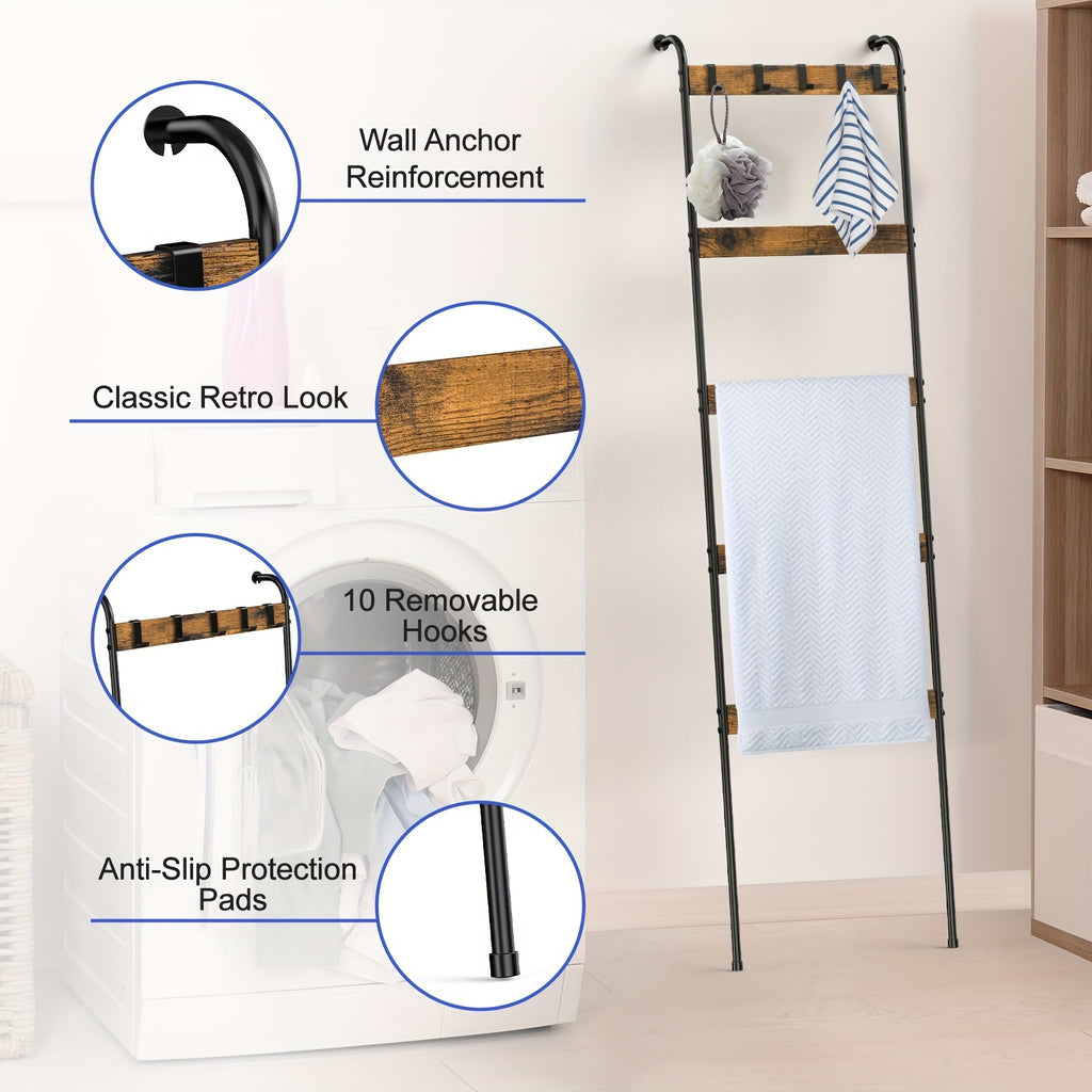 Five-Tier Blanket Ladder with Ten Detachable Hooks, Designed in a Farmhouse Style for Use in Living Rooms Or Bathrooms, Serving As a Decorative Wall-Mounted Wooden Rack for Quilts And Towel Drying