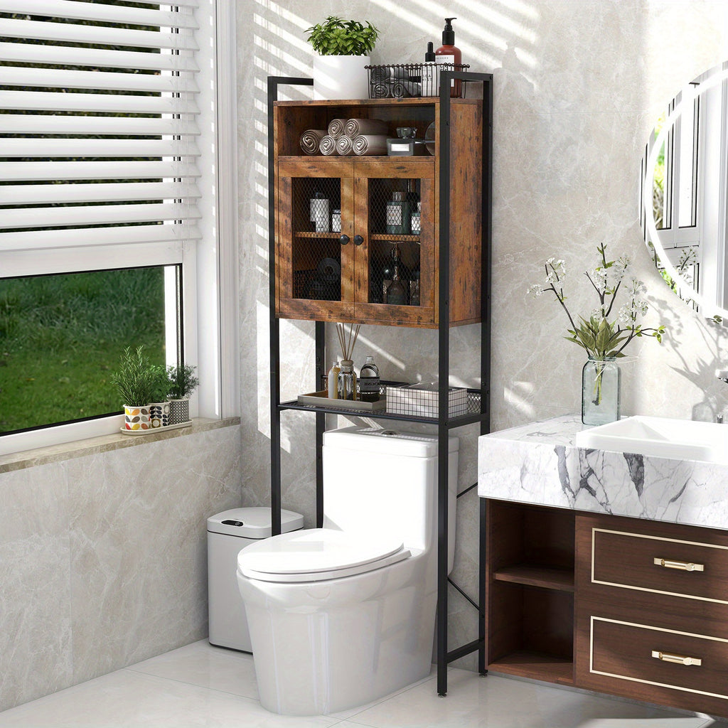 Lifezeal Over-the-toilet Storage Cabinet, Bathroom Storage Organizer above Toilet with Heavy-duty Metal Frame & 3-position Adjustable Shelf, 2-door Freestanding Space Saver for Bathroom, Laundry, Rustic Brown