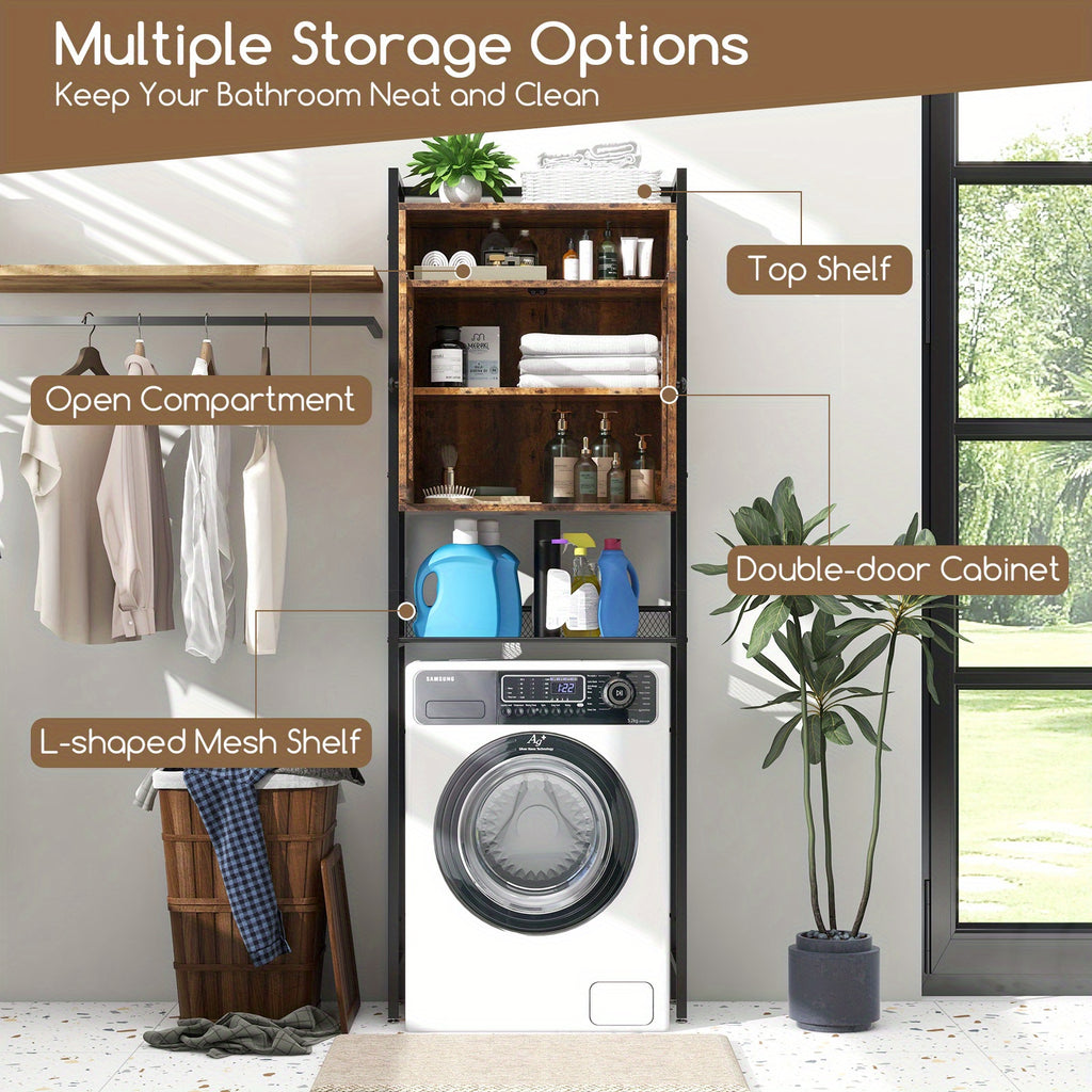 Lifezeal Over-the-toilet Storage Cabinet, Bathroom Storage Organizer above Toilet with Heavy-duty Metal Frame & 3-position Adjustable Shelf, 2-door Freestanding Space Saver for Bathroom, Laundry, Rustic Brown