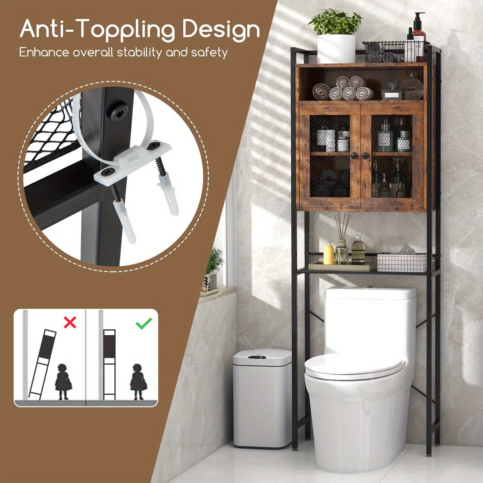 Lifezeal Over-the-toilet Storage Cabinet, Bathroom Storage Organizer above Toilet with Heavy-duty Metal Frame & 3-position Adjustable Shelf, 2-door Freestanding Space Saver for Bathroom, Laundry, Rustic Brown