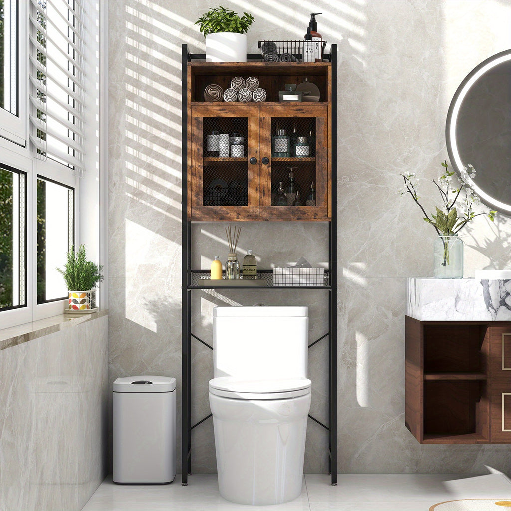 Lifezeal Over-the-toilet Storage Cabinet, Bathroom Storage Organizer above Toilet with Heavy-duty Metal Frame & 3-position Adjustable Shelf, 2-door Freestanding Space Saver for Bathroom, Laundry, Rustic Brown