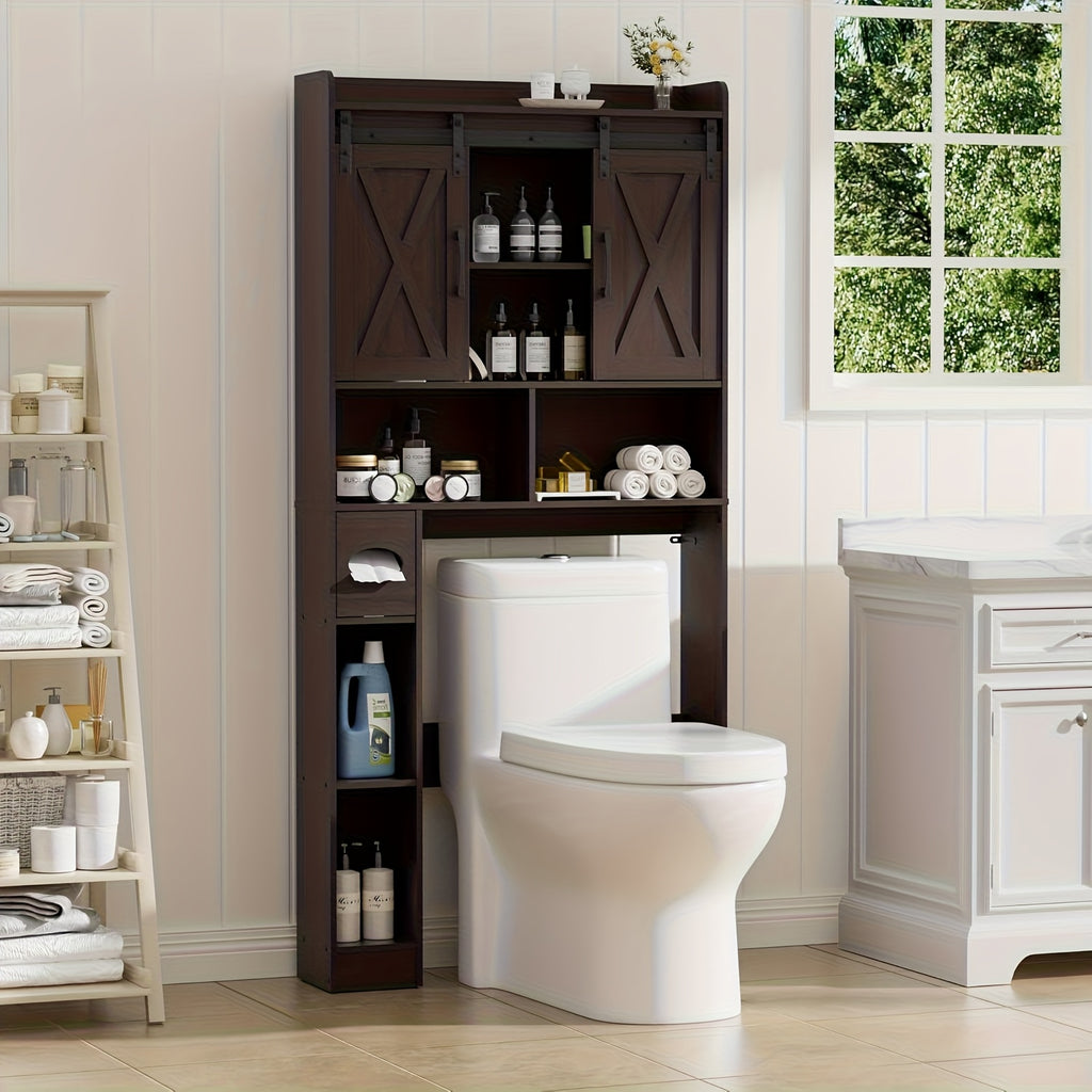 Farmhouse Storage Cabinet Over Toilet with Sliding Doors | Space-Saving Design, Brown Particle Board, Floor Mount, for Bathroom, Restroom, Laundry - BEFRASES