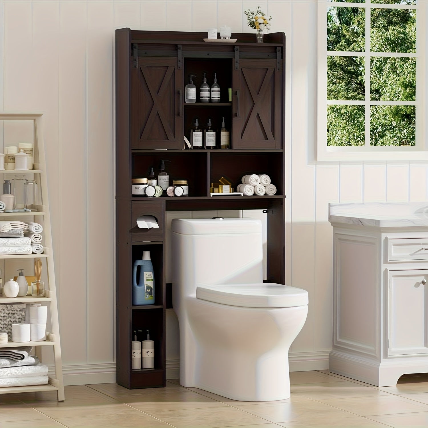 Farmhouse Storage Cabinet Over Toilet with Sliding Doors | Space-Saving Design, Brown Particle Board, Floor Mount, for Bathroom, Restroom, Laundry - BEFRASES