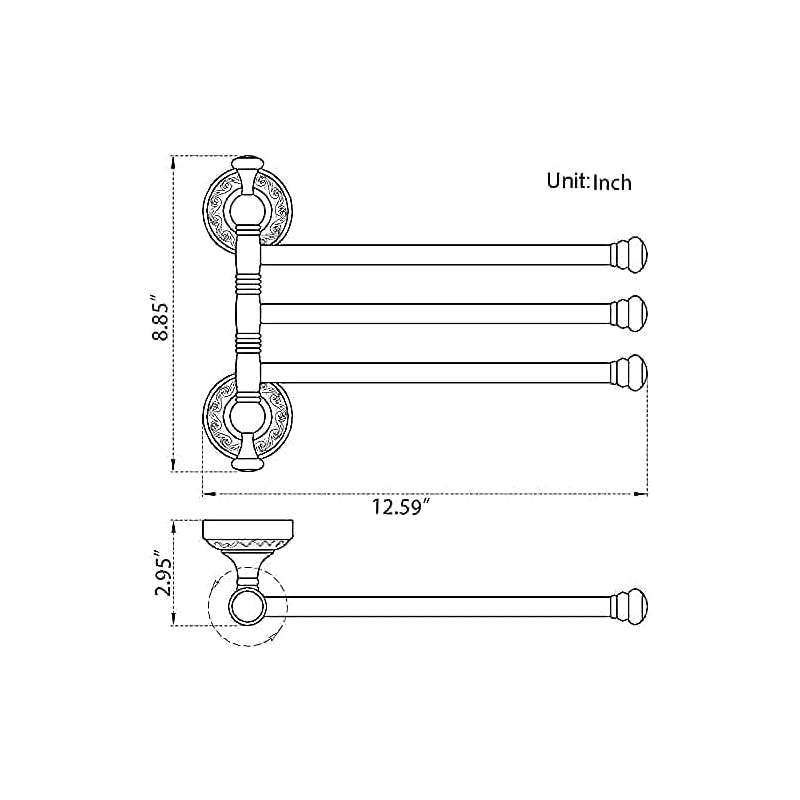 3-Arm Swivel Towel Bar with 360° Rotating Arms - Heavy-Duty Stainless Steel Bathroom Towel Rack, Space-Saving Modern Design with Walnut Finish & Brass Holders, Curved Arms for Ample Towel Storage, Ideal for Bath, Shower, or Powder Room - Easy Instal