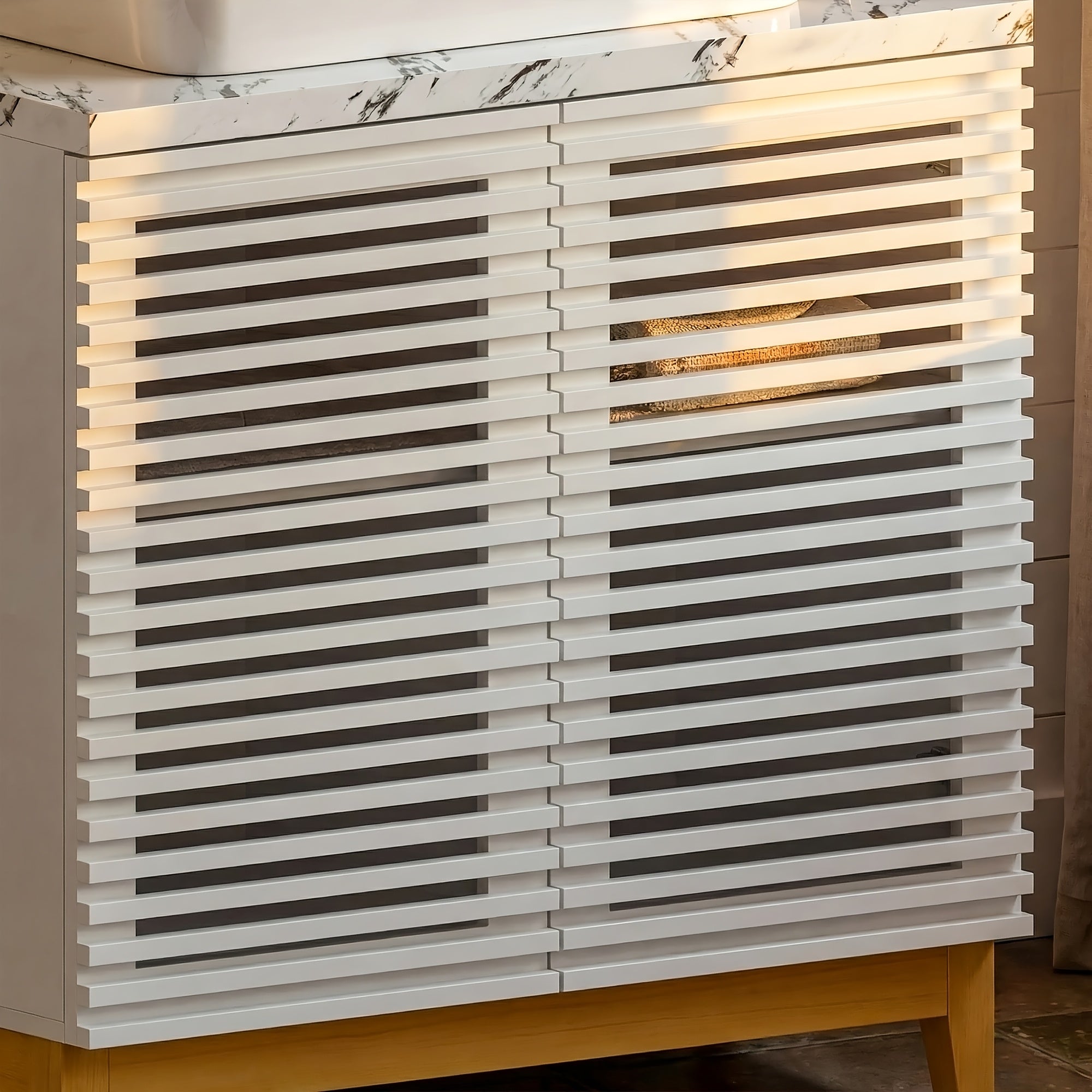 Modern Bathroom Vanity with Artificial Stone Washbasin And Storage Compartment, Bathroom Cabinet with Slatted Cabinet Doors And Solid Wood Legs, Bathroom Organizer And Storage, for Bathroom, White