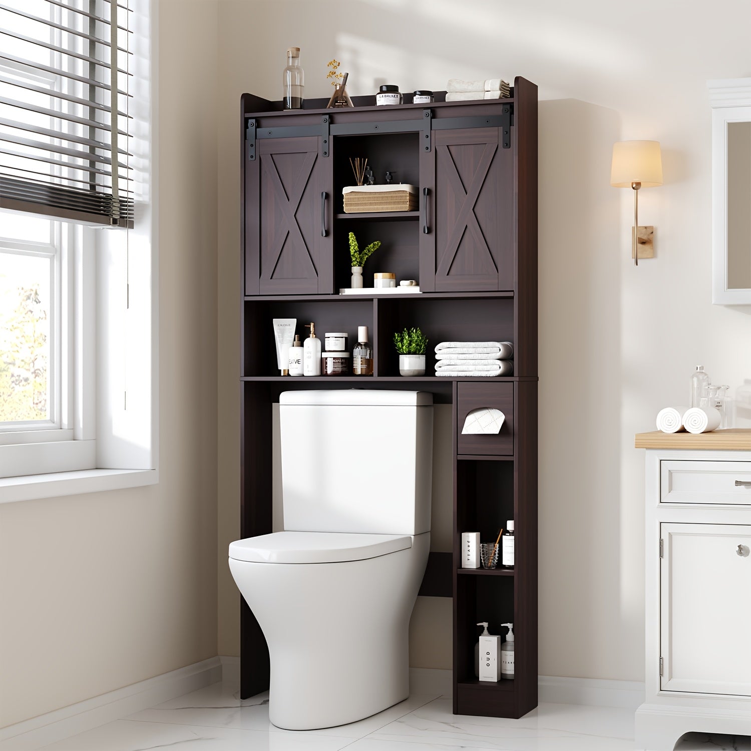 Over-The-Toilet Storage Cabinet with Toilet Paper Holder Stand - Space-Saving -Standing Bathroom Shelf, \u002FPlywood Suitable for Bathroom, Restroom, Laundry Room, Modern Minimalist with Assembly