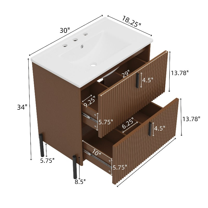 30-Inch Bathroom Cabinet Featuring a Ceramic Basin, Designed with Vertical Handles And Fully Extending Drawers, a Standalone Unit with Soft-Closing Drawer Mechanisms, Fluted Style, in a Dark Brown End