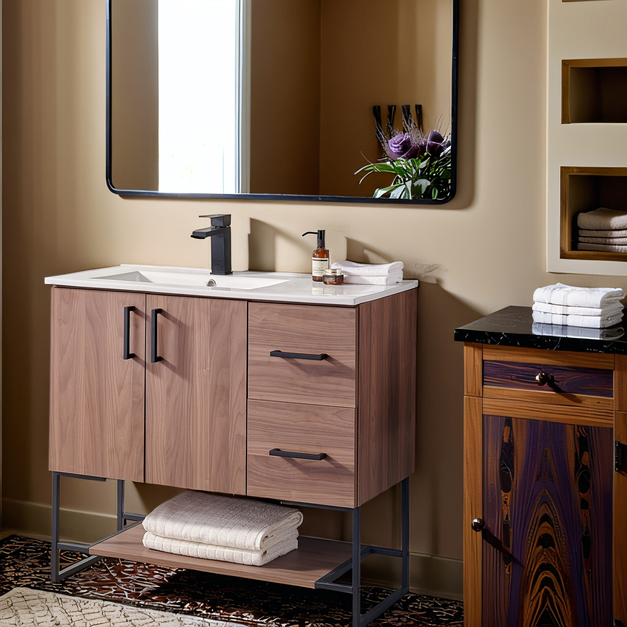 36-Inch Rustic Wooden Bathroom Vanity with Black Metal Handles, Ceramic Sink, Two Doors & Drawers, Large Capacity Storage for Modern Bathrooms, Bathroom Decor And Accessories