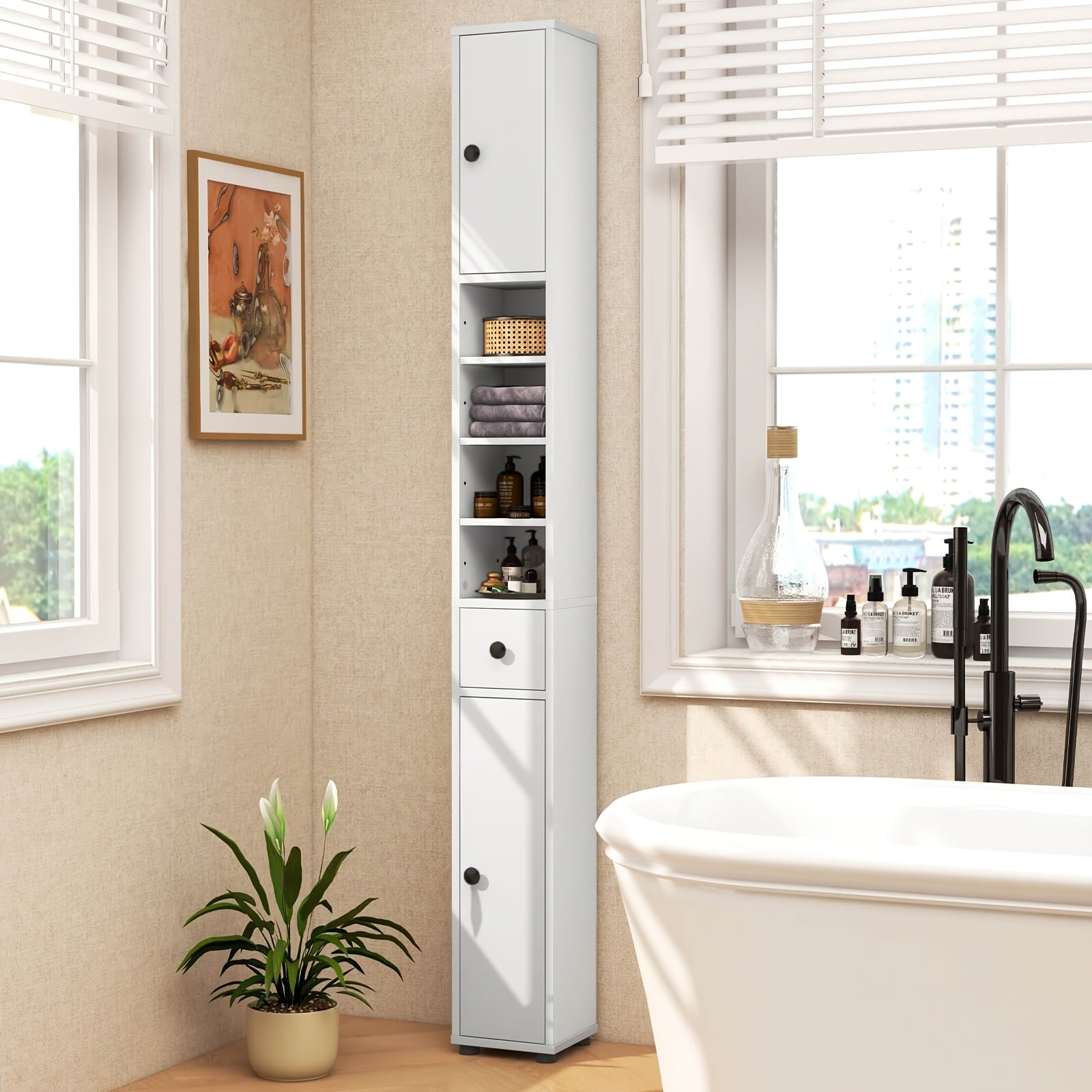 PETSITE Slim Bathroom Tall Cabinet, Freestanding Floor Storage Organizer with 2 Doors, 1 Drawer & 5 Adjustable Shelves, Narrow Linen Tower for Small Spaces, Wood Fiber Board Material, Bathroom Organizers And Storage