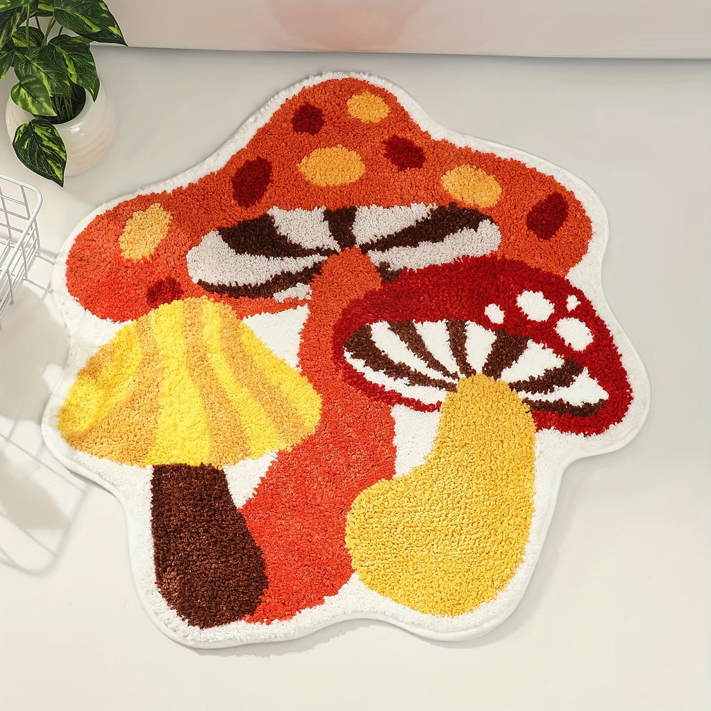 FANCGUY Non-Slip Mushroom Bath Rug - Soft & Fluffy Tufted Polyester Shower Mat, Machine Washable, Water Absorbent, Universal Holiday, Polygonal Shape, TPR Backing, Lightweight - Cute Home Decor Bathroom Accessory