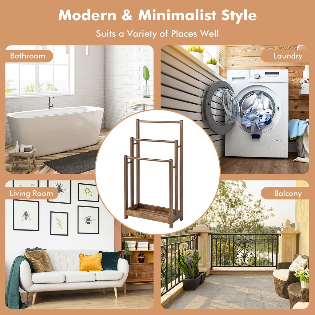 COSTWAY Solid Wood Freestanding 3-Tier Towel Rack & Blanket Ladder with Anti-Tip Device, Heavy-Duty 30lb Capacity, French Country Style 3-Bar Hand Towel Drying Stand with Bottom Storage Shelf, Space-Saving Floor-Standing Organizer for Bathroom