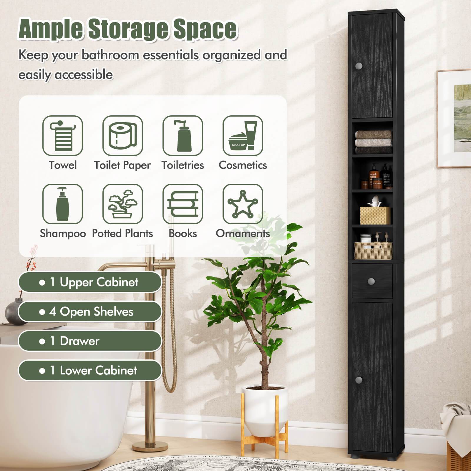 PETSITE Slim Bathroom Tall Cabinet, Freestanding Floor Storage Organizer with 2 Doors, 1 Drawer & 5 Adjustable Shelves, Narrow Linen Tower for Small Spaces, Wood Fiber Board Material, Bathroom Organizers And Storage