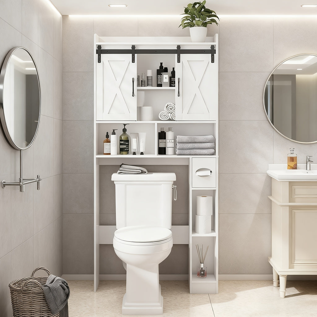 Farmhouse Storage Cabinet Over Toilet with Sliding Doors | Space-Saving Design, Brown Particle Board, Floor Mount, for Bathroom, Restroom, Laundry - BEFRASES