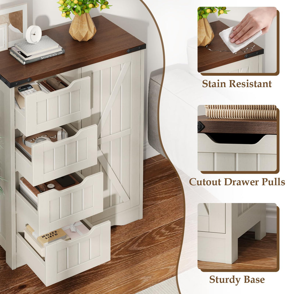 Christmas Black Friday - Farmhouse Bathroom Storage Cabinet, Freestanding High-Quality Wooden Cabinet with 4 Drawers & 1 Door, Rustic Adjustable Shelf Organizer for Bathroom Towels and Toiletries, Living Room or Entryway, White, Holiday Gift