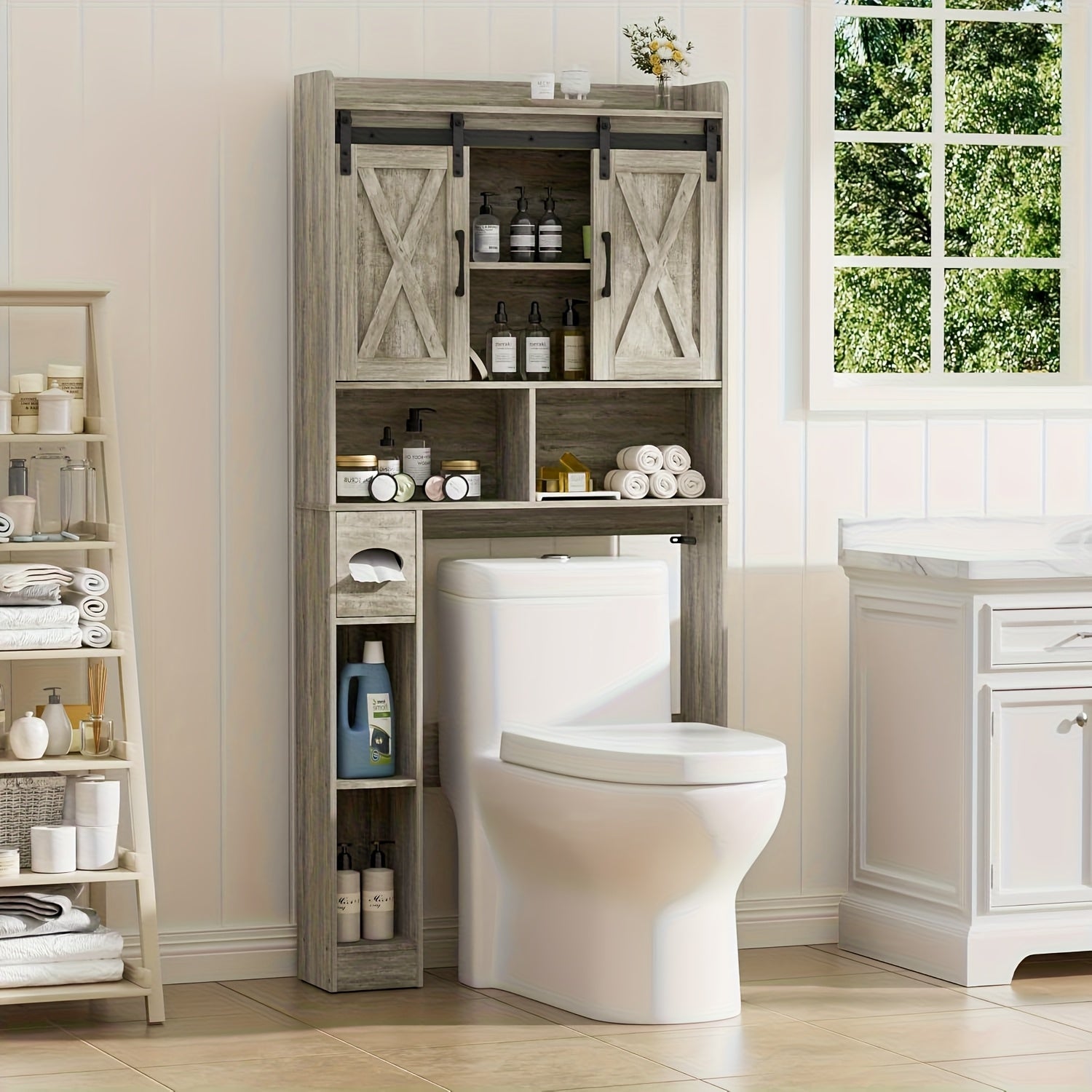 Farmhouse Storage Cabinet Over Toilet with Sliding Doors | Space-Saving Design, Brown Particle Board, Floor Mount, for Bathroom, Restroom, Laundry - BEFRASES