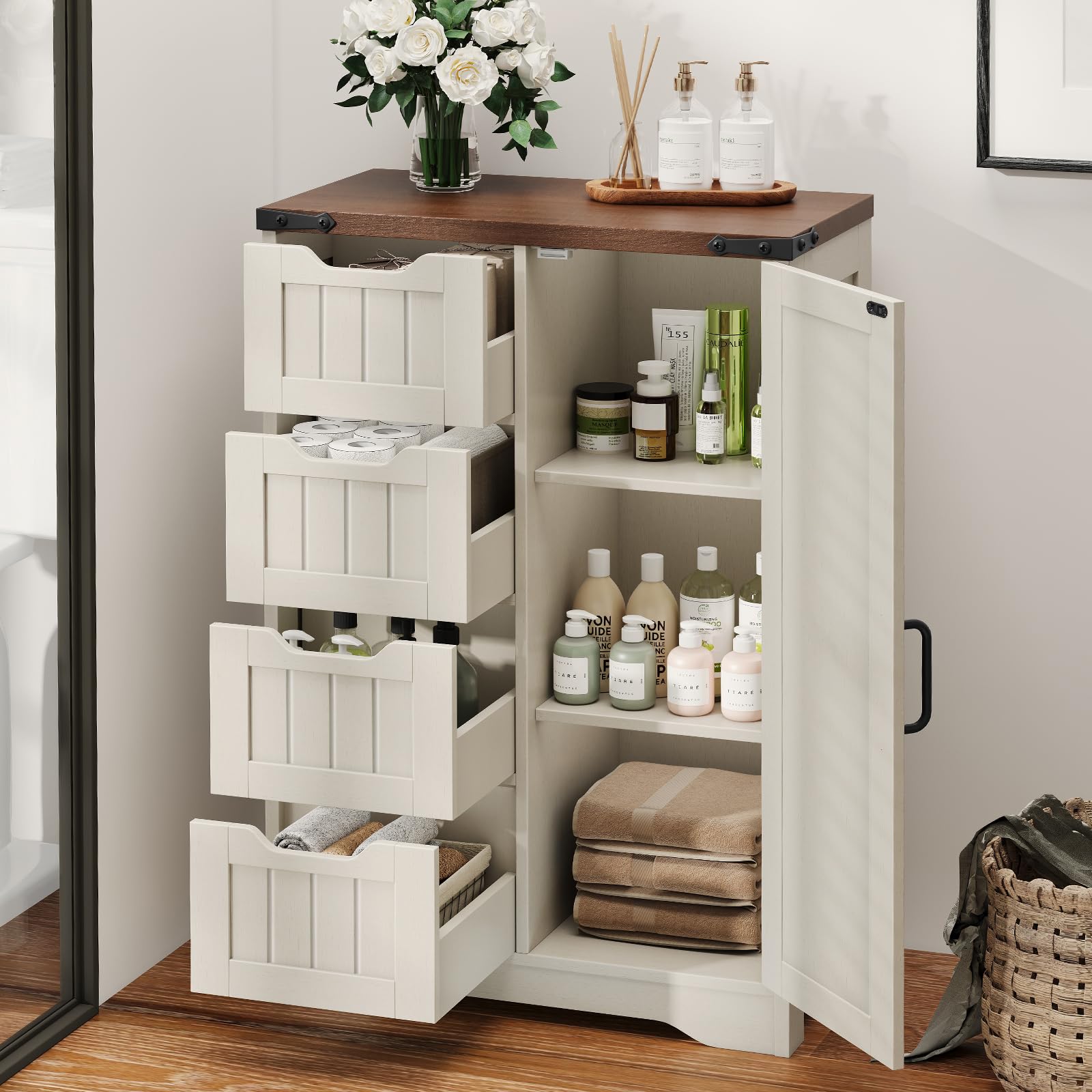 Christmas Black Friday - Farmhouse Bathroom Storage Cabinet, Freestanding High-Quality Wooden Cabinet with 4 Drawers & 1 Door, Rustic Adjustable Shelf Organizer for Bathroom Towels and Toiletries, Living Room or Entryway, White, Holiday Gift