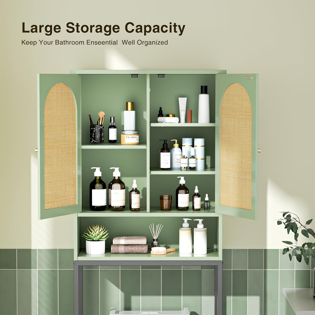 Toilet Storage Cabinet | Over The Toilet Space Saving Organizer with Adjustable Shelf, Sturdy Metal Frame, Wooden Design, Bathroom Cupboard for Small Spaces Holds Towels, Washer, Toiletries, Green, Rustic Style, Lockable, Floor Mount