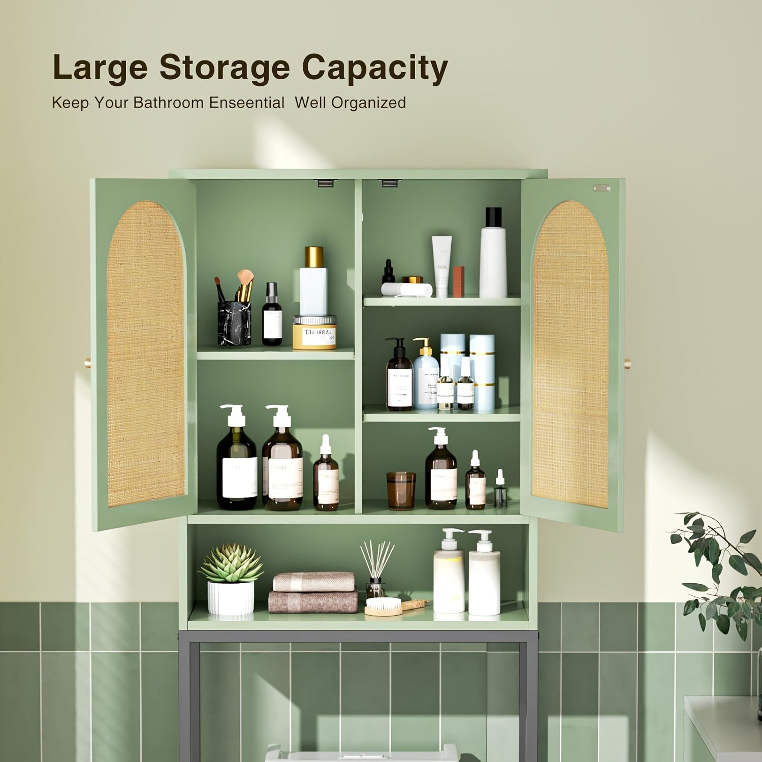 Toilet Storage Cabinet | Over The Toilet Space Saving Organizer with Adjustable Shelf, Sturdy Metal Frame, Wooden Design, Bathroom Cupboard for Small Spaces Holds Towels, Washer, Toiletries, Green, Rustic Style, Lockable, Floor Mount