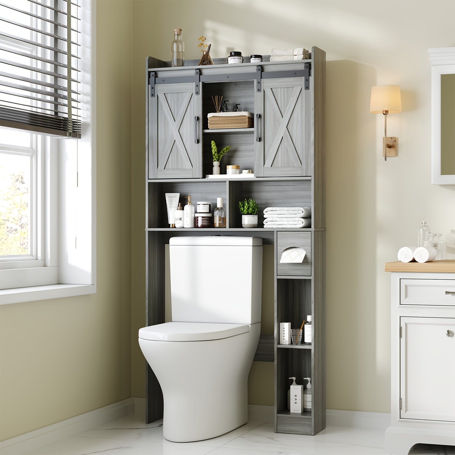 Over-The-Toilet Storage Cabinet with Toilet Paper Holder Stand - Space-Saving -Standing Bathroom Shelf, \u002FPlywood Suitable for Bathroom, Restroom, Laundry Room, Modern Minimalist with Assembly