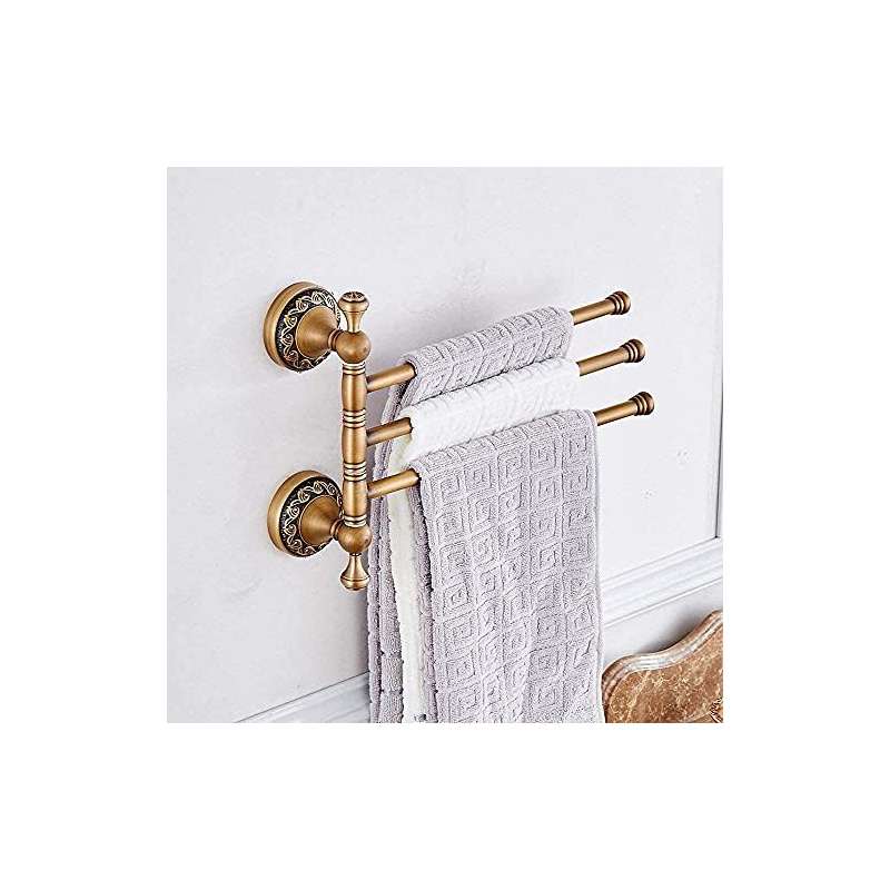 3-Arm Swivel Towel Bar with 360° Rotating Arms - Heavy-Duty Stainless Steel Bathroom Towel Rack, Space-Saving Modern Design with Walnut Finish & Brass Holders, Curved Arms for Ample Towel Storage, Ideal for Bath, Shower, or Powder Room - Easy Instal