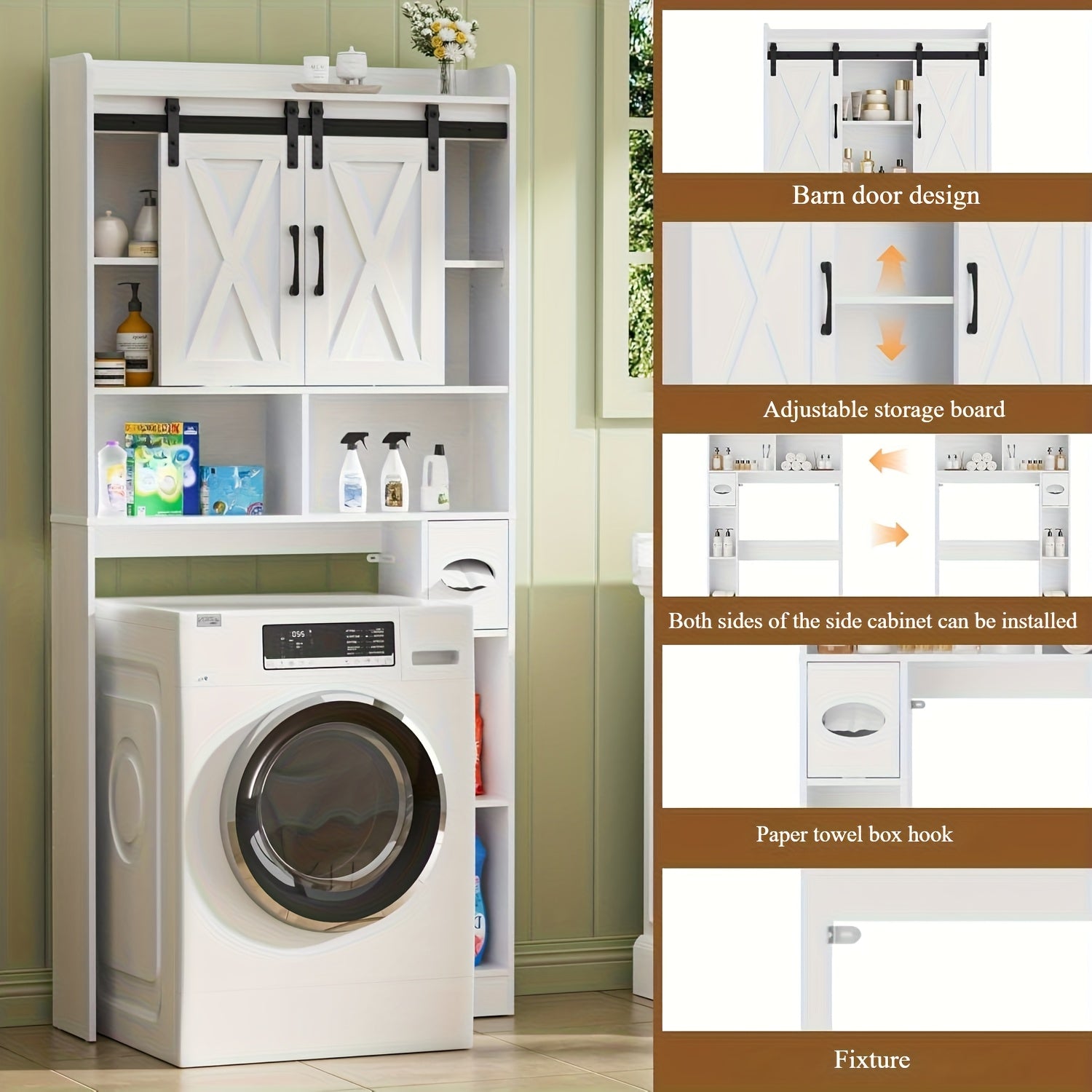 Farmhouse Storage Cabinet Over Toilet with Sliding Doors | Space-Saving Design, Brown Particle Board, Floor Mount, for Bathroom, Restroom, Laundry - BEFRASES