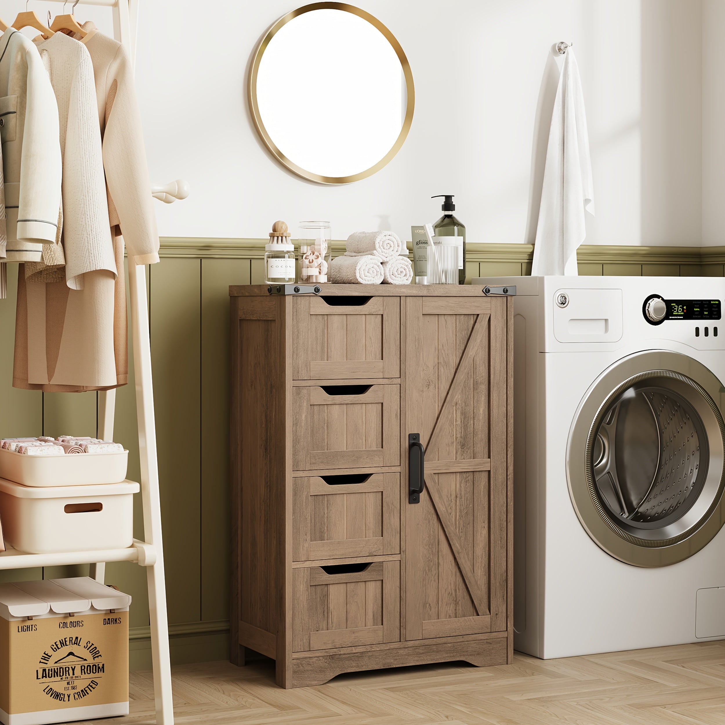 Christmas Black Friday - Farmhouse Bathroom Storage Cabinet, Freestanding High-Quality Wooden Cabinet with 4 Drawers & 1 Door, Rustic Adjustable Shelf Organizer for Bathroom Towels and Toiletries, Living Room or Entryway, White, Holiday Gift