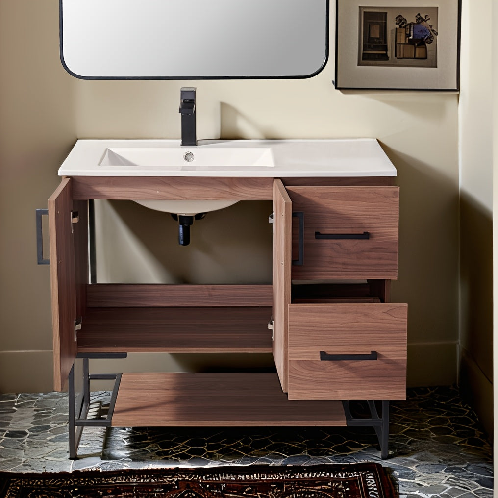 36-Inch Rustic Wooden Bathroom Vanity with Black Metal Handles, Ceramic Sink, Two Doors & Drawers, Large Capacity Storage for Modern Bathrooms, Bathroom Decor And Accessories