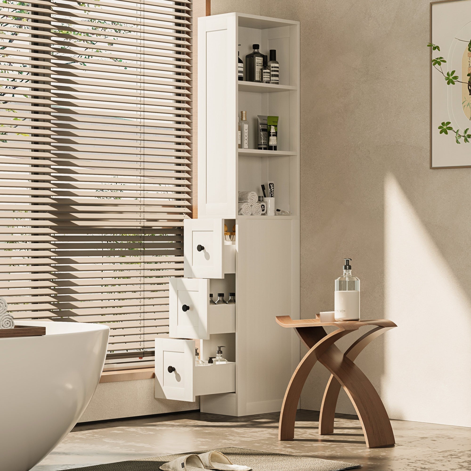 LAUSAINT HOME Bathroom Storage Cabinet Tall Thin White Cabinet with 3 Adjustable Shelves, Slim Shallow Towel Linen Closet Organizer for Kitchen Living Room, Free Standing Space Saver Bathroom Cabinets