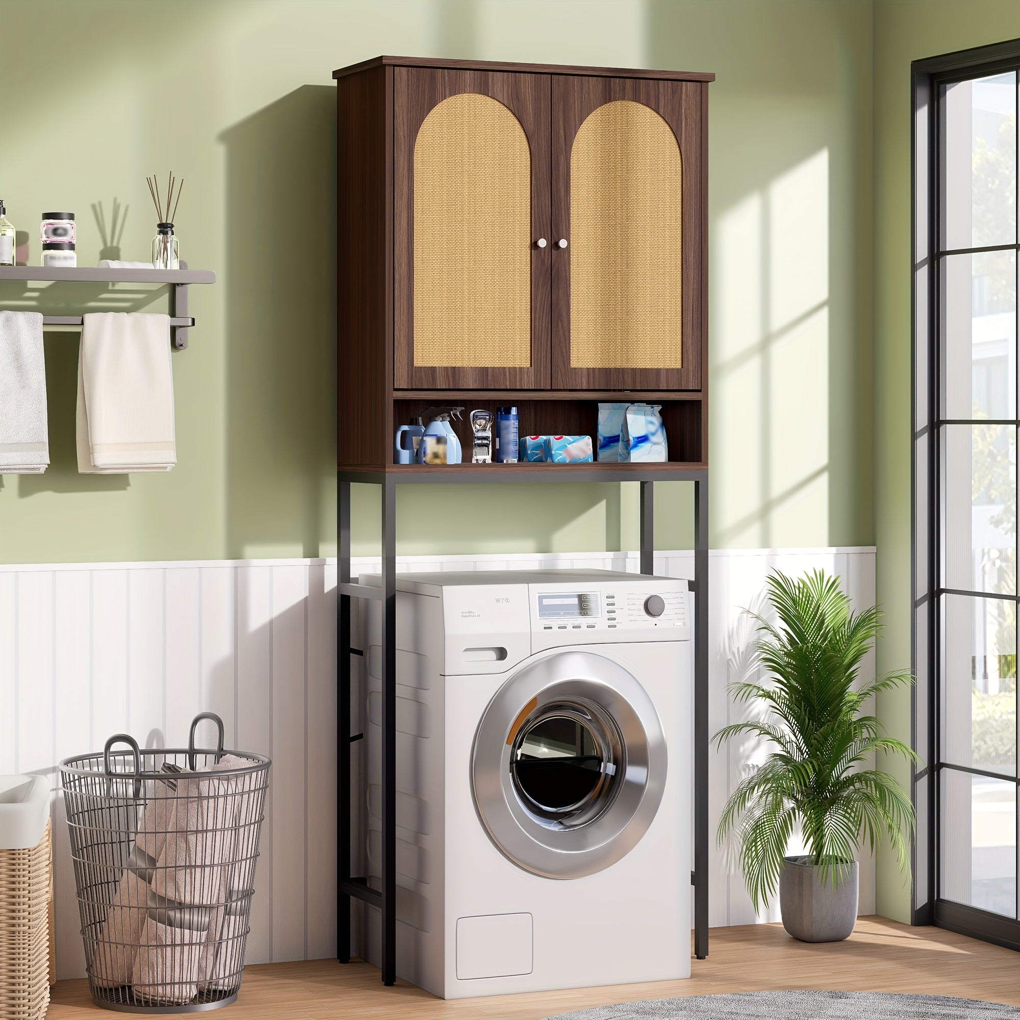 Toilet Storage Cabinet | Over The Toilet Space Saving Organizer with Adjustable Shelf, Sturdy Metal Frame, Wooden Design, Bathroom Cupboard for Small Spaces Holds Towels, Washer, Toiletries, Green, Rustic Style, Lockable, Floor Mount
