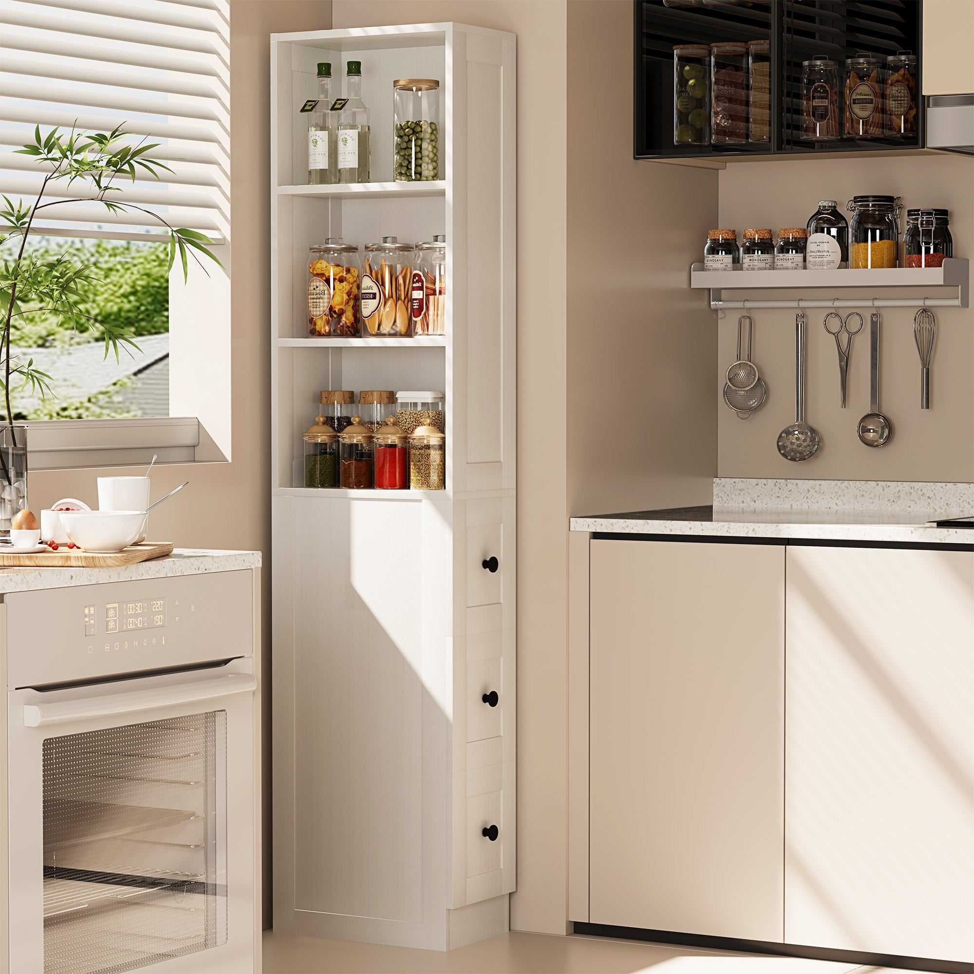 LAUSAINT HOME Bathroom Storage Cabinet Tall Thin White Cabinet with 3 Adjustable Shelves, Slim Shallow Towel Linen Closet Organizer for Kitchen Living Room, Free Standing Space Saver Bathroom Cabinets