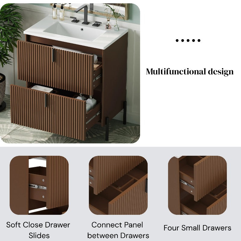 30-Inch Bathroom Cabinet Featuring a Ceramic Basin, Designed with Vertical Handles And Fully Extending Drawers, a Standalone Unit with Soft-Closing Drawer Mechanisms, Fluted Style, in a Dark Brown End