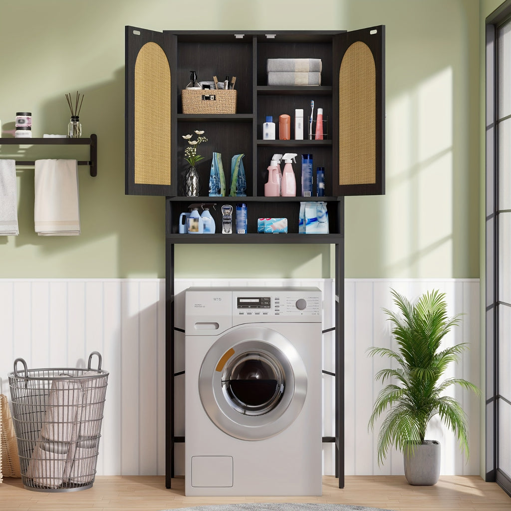 Toilet Storage Cabinet | Over The Toilet Space Saving Organizer with Adjustable Shelf, Sturdy Metal Frame, Wooden Design, Bathroom Cupboard for Small Spaces Holds Towels, Washer, Toiletries, Green, Rustic Style, Lockable, Floor Mount