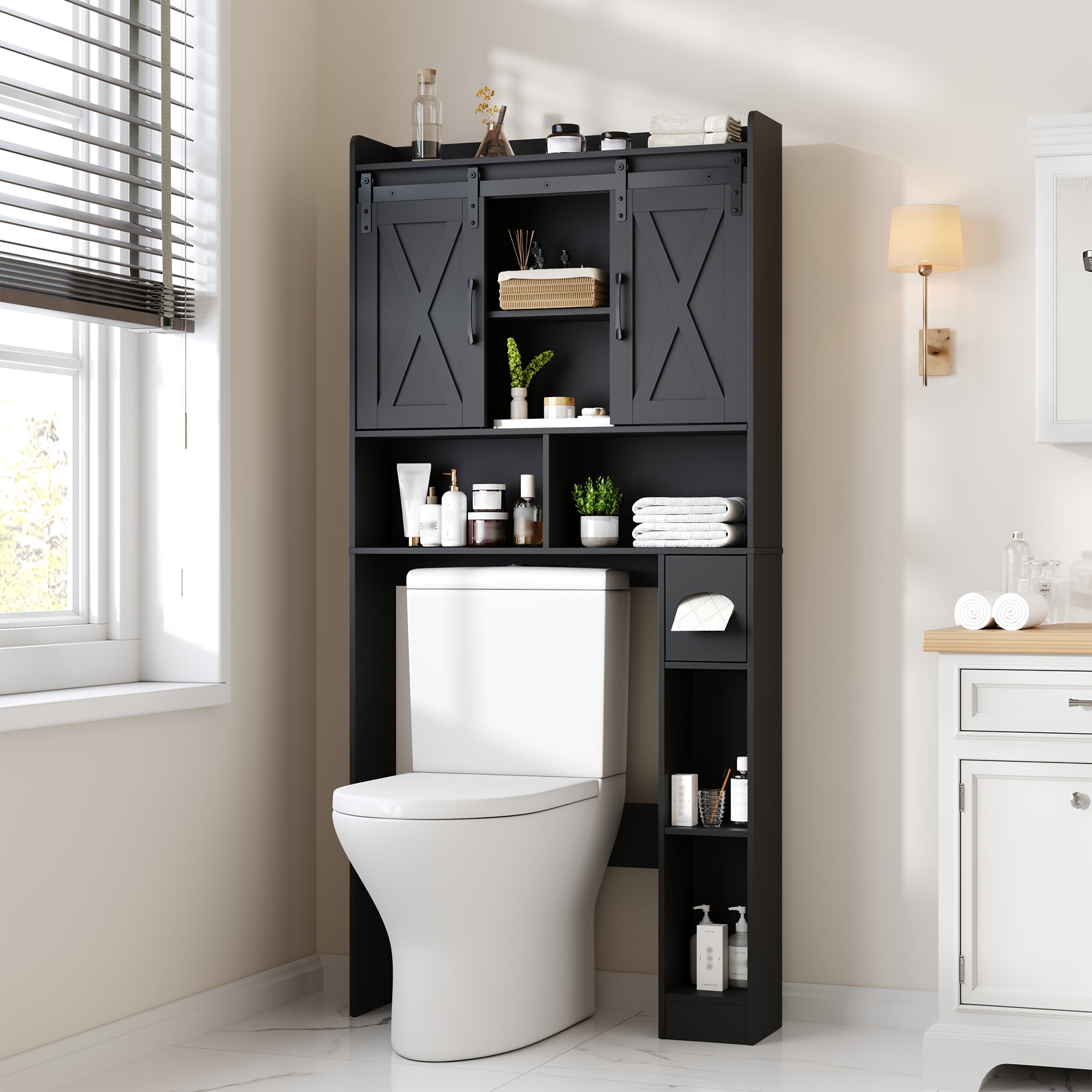 Over-The-Toilet Storage Cabinet with Toilet Paper Holder Stand - Space-Saving -Standing Bathroom Shelf, \u002FPlywood Suitable for Bathroom, Restroom, Laundry Room, Modern Minimalist with Assembly