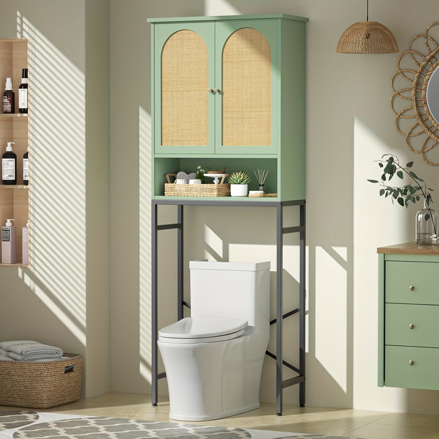 Toilet Storage Cabinet | Over The Toilet Space Saving Organizer with Adjustable Shelf, Sturdy Metal Frame, Wooden Design, Bathroom Cupboard for Small Spaces Holds Towels, Washer, Toiletries, Green, Rustic Style, Lockable, Floor Mount