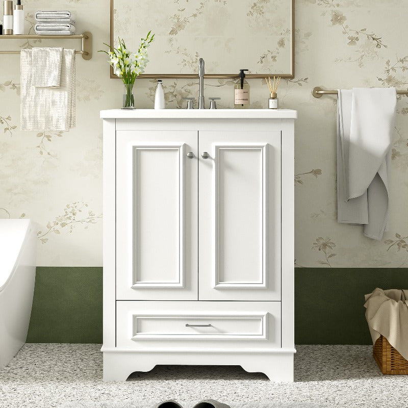 24'' Bathroom Vanity with Ceramic Sink Combo, Modern Freestanding Storage Cabinet with Silvery Handles, Soft Closing Doors