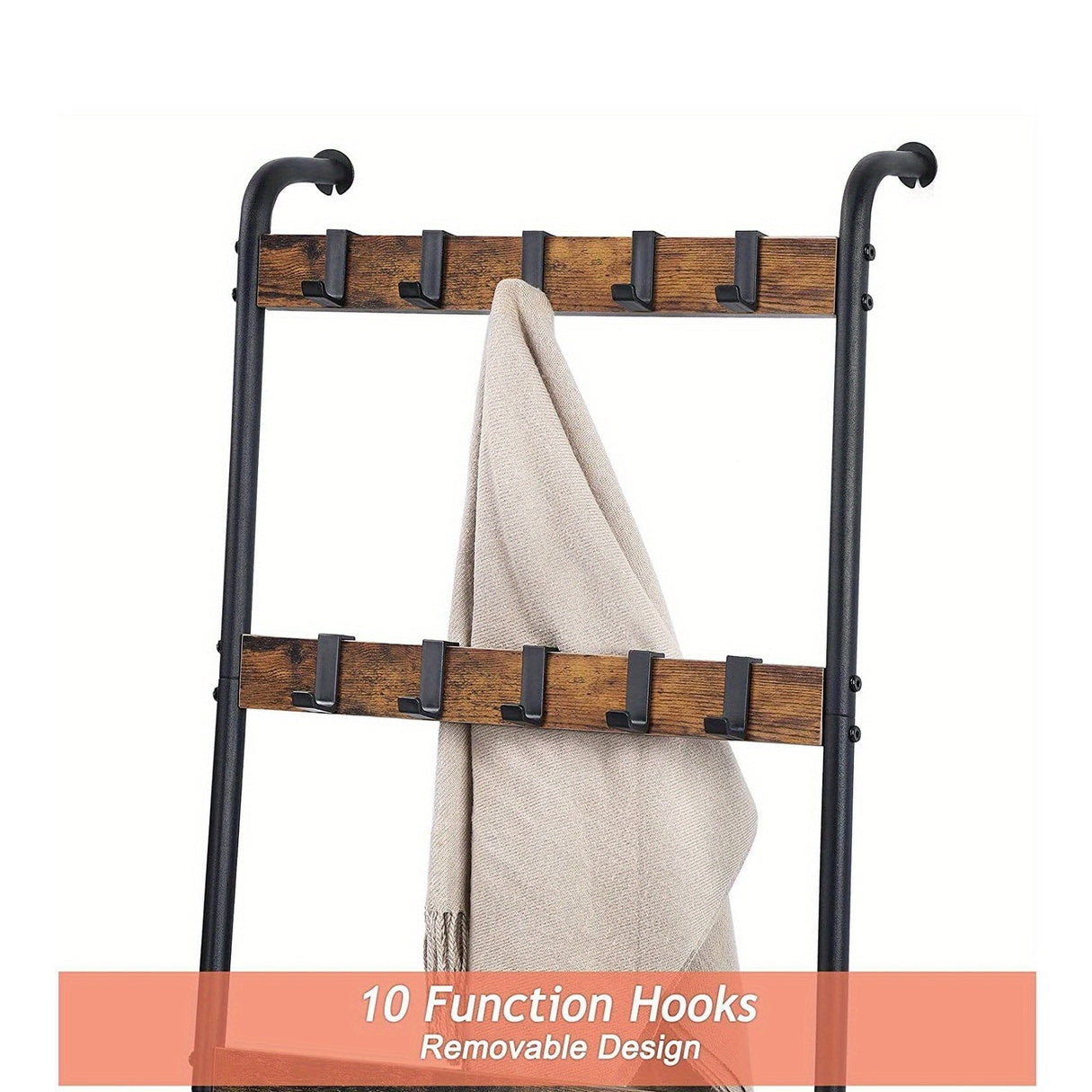Five-Tier Blanket Ladder with Ten Detachable Hooks, Designed in a Farmhouse Style for Use in Living Rooms Or Bathrooms, Serving As a Decorative Wall-Mounted Wooden Rack for Quilts And Towel Drying