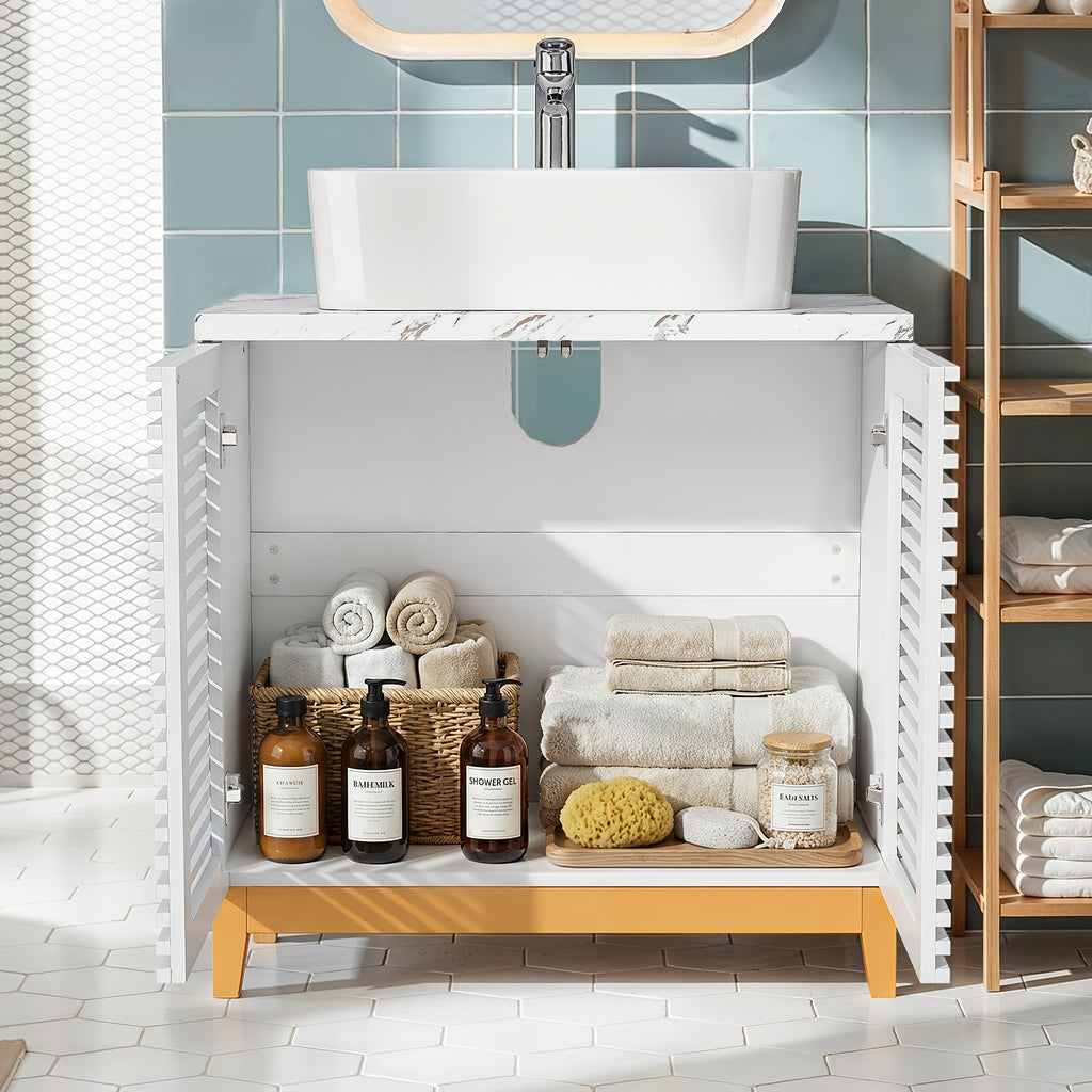 Modern Bathroom Vanity with Artificial Stone Washbasin And Storage Compartment, Bathroom Cabinet with Slatted Cabinet Doors And Solid Wood Legs, Bathroom Organizer And Storage, for Bathroom, White
