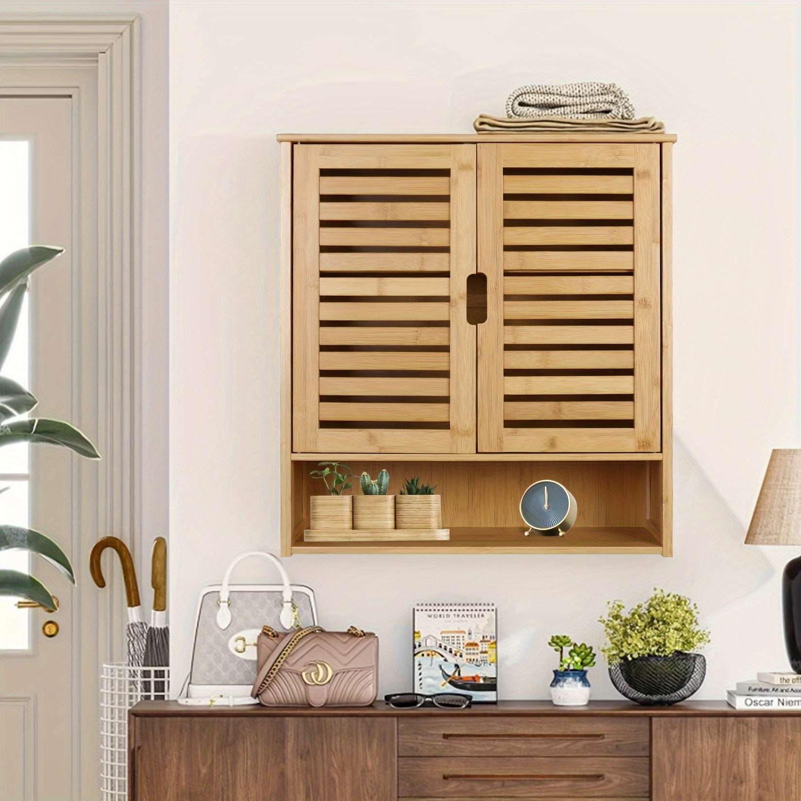Multifunctional Bamboo Wood Wall Cabinet with Flip-Door Closure & 3 Shelves - Suitable for Bathroom, Kitchen Storage Organizer, Medicine Cabinet, Space-Saving Medicine Storage Organizer with Bamboo for Use
