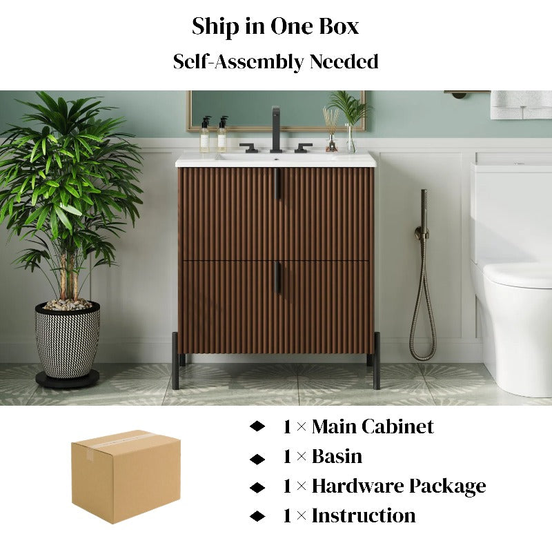 30-Inch Bathroom Cabinet Featuring a Ceramic Basin, Designed with Vertical Handles And Fully Extending Drawers, a Standalone Unit with Soft-Closing Drawer Mechanisms, Fluted Style, in a Dark Brown End