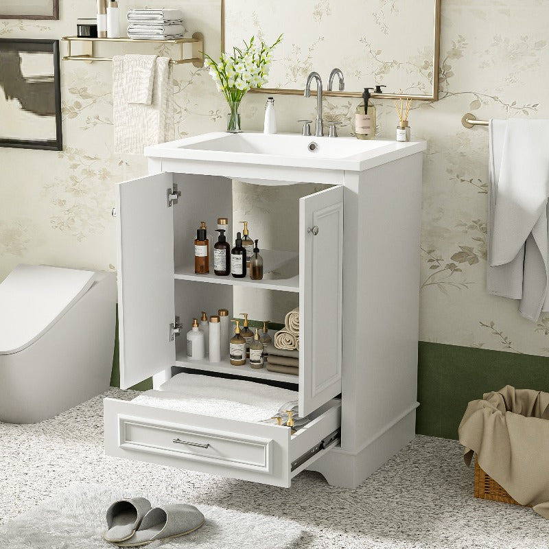24'' Bathroom Vanity with Ceramic Sink Combo, Modern Freestanding Storage Cabinet with Silvery Handles, Soft Closing Doors